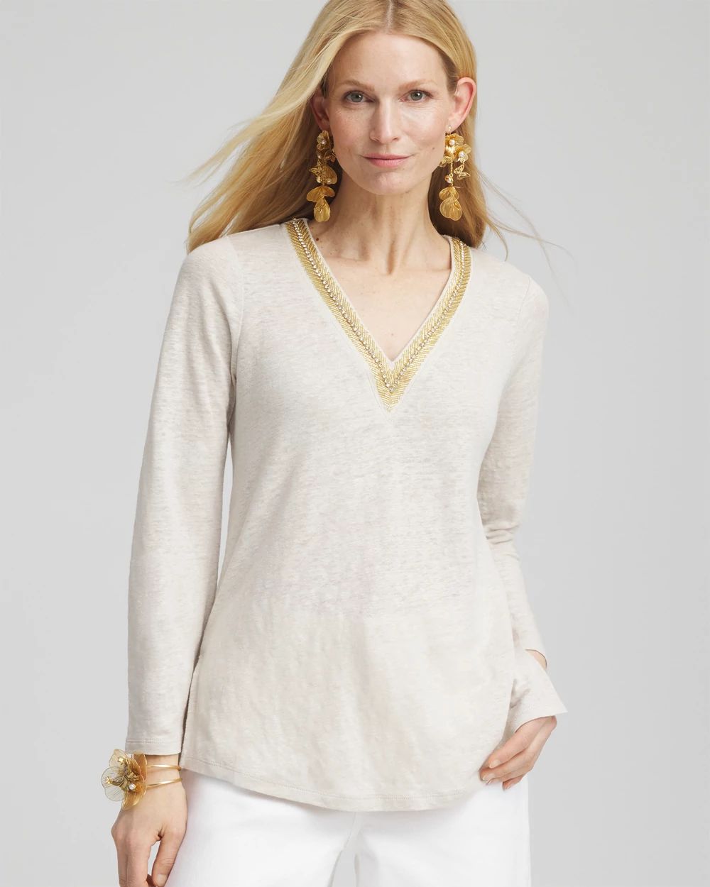 【冬バーゲン★特別送料無料！】 Linen Embellished V-Neck Tunic | Chico's トップス